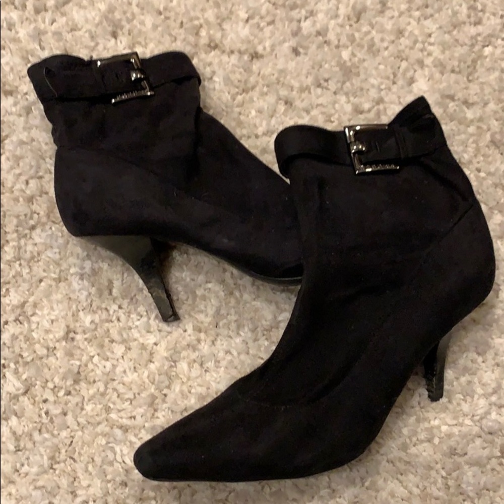 BCBGirls black faux suede ankle booties, buckle